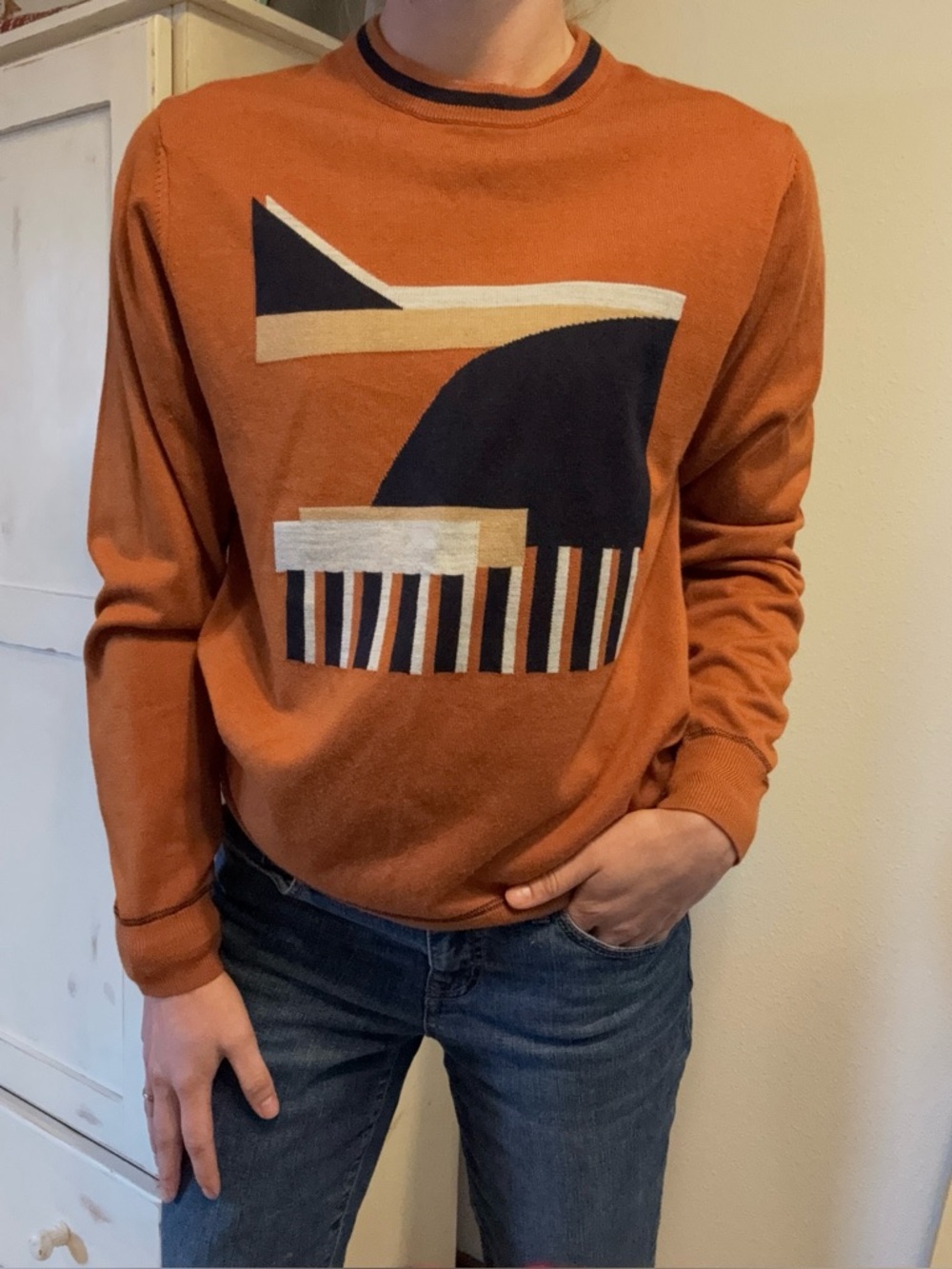 Murano crewneck orange and navy block design sweater